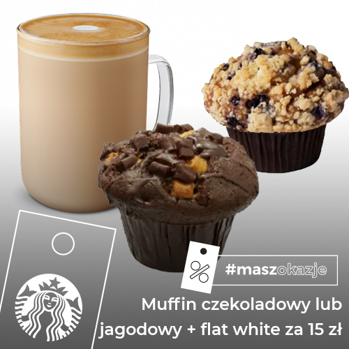 Muffin czekoladowy lub jagodowy + flat white za 15 zł